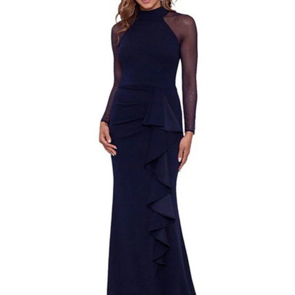 Betsy & Adam Navy Blue Illusion Mesh Long Sleeve Scuba Gown